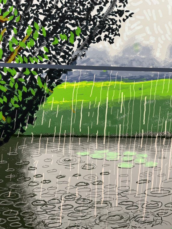 an abstract painting of rain falling on the ground next to a lake with trees in the background