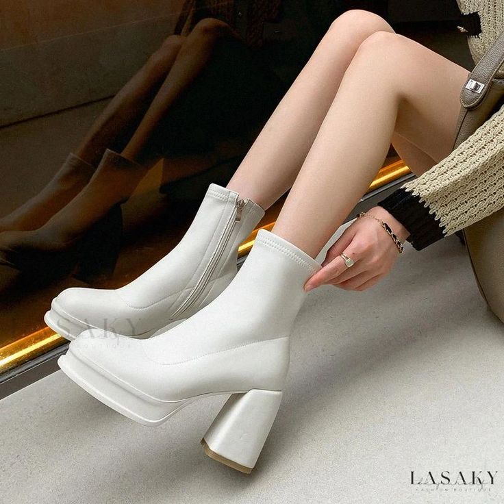 Lasaky - Ultra-High Heeled Comfortable and Waterproof Platform Slimming Boots with Thickened Soles and Elastic Ankle Boots White High Ankle Outdoor Boots, White High Ankle Boots For Outdoor, White Pointed Toe Platform Boots For Winter, White Closed Toe Winter Boots, White Ankle-high Boots With Padded Ankle, White Ankle-high Winter Booties, White Ankle Boots For Outdoor, White Platform Boots For Winter, Winter White Platform Boots