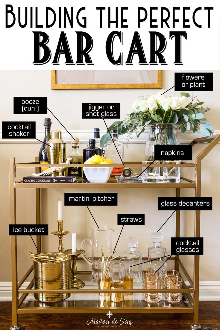 a bar cart with labeled parts on it and the words building the perfect bar cart