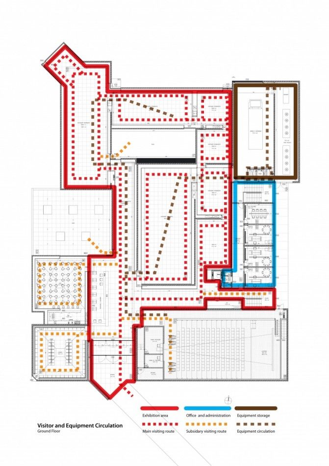 a diagram of the floor plan for a building with red and blue lines on it