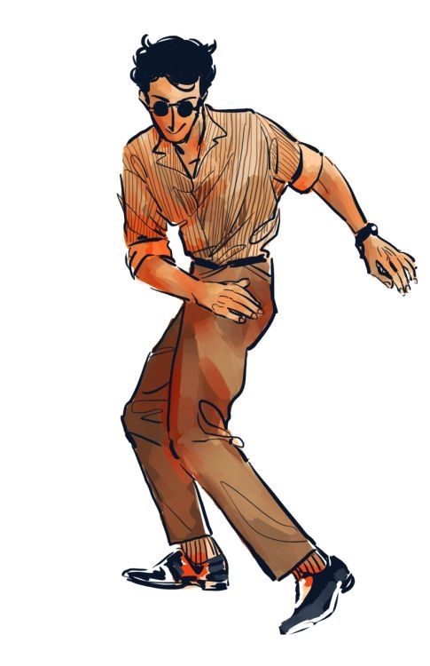 a drawing of a man in brown pants and orange shirt is dancing with his hands on his hips