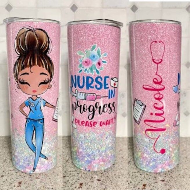 three personalized tumbles with the words nurse in progress and an image of a nurse