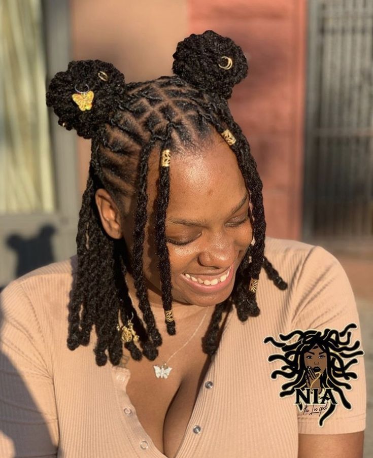 2 Stand Twist Locs Styles, Dreadlocks Hairstyles For Women, Cute Hairstyles For Locs Short, Cute Styles For Locs For Women, Loc Styles For Short Hair Dreadlocks Women, Dreadlock Ideas, Short Loc Styles For Vacation, Women’s Dread Hairstyles, Two Bun Loc Style