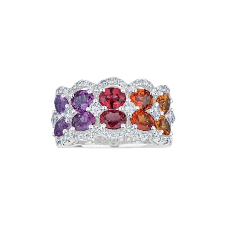 18K White Gold Center Stone(s): 10 Oval Cut Multi Color Sapphires, 4.27ct Diamond(s): Round Brilliant, 0.68ct This is a one-of-a kind ring, currently available. Multi Color Sapphire Ring, Multicolor Oval Ring With Gemstone Accents, Multicolor Oval Diamond Ring For Formal Occasions, Multicolor Oval Sapphire Ring With Diamonds, Formal Multicolor Oval Diamond Ring, Multicolor Oval Sapphire Ring For Anniversary, Multicolor Oval Diamond Ring For Anniversary, Multicolor Oval Gemstone With Center Stone, Multicolor Oval Gemstones For Anniversary