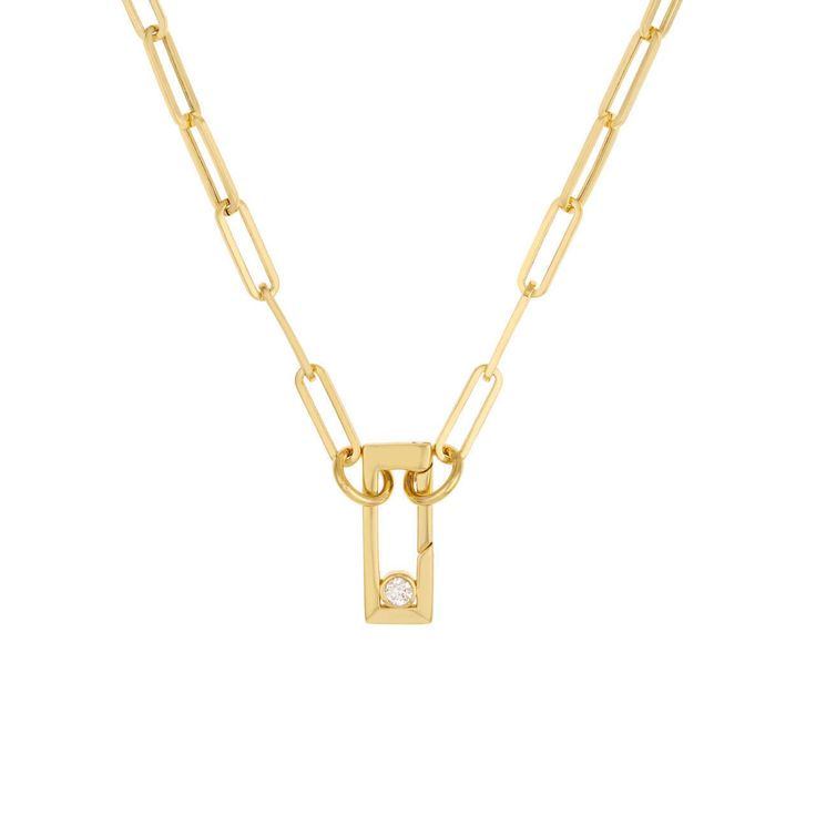 Sleek and modern, this rectangular shaped with a round diamond push lock necklace offers a timelessly elegant look. Crafted from 14K yellow gold, the rectangular push lock is adorned with a single round diamond for a luxurious finish. Add it to your preferred split chain to complete the look. Metal: 14k yellow gold Dimension: 20mm long Diamond: 1/10th ct round diamond Lock Necklace, Gold Paper, Round Rings, Fine Jewelry Collection, Perfect Engagement Ring, Baguette Diamond, Perfect Ring, Unique Engagement Rings, Gold Style