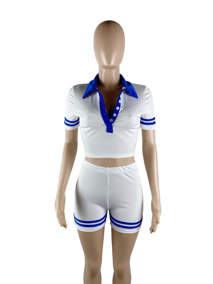 Leisure Sports Button Stitching Suit Casual Fitted Collared Set, Casual Fitted Sets With Button Closure, Short Tracksuit, Collar Crop Top, 2 Piece Short Set, Ribbed Shorts, Summer Knitting, Summer Patterns, Tracksuit Women