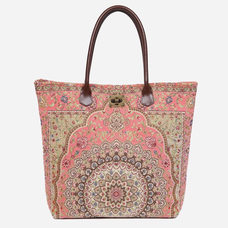 Oriental Pink Carpet Tote Shopper carpet bag MCW Handmade Tapestry Tote Shoulder Bag With Leather Handles, Tapestry Shoulder Bag With Leather Handles, Tapestry Tote Bag For Daily Use, Daily Use Tapestry Tote Bag, Tapestry Double Handle Bags For Daily Use, Tapestry Bags With Double Handle For Daily Use, Daily Use Double Handle Tapestry Bags, Tapestry Tote Bag With Adjustable Strap, Daily Use Tapestry Shoulder Bag With Leather Handles