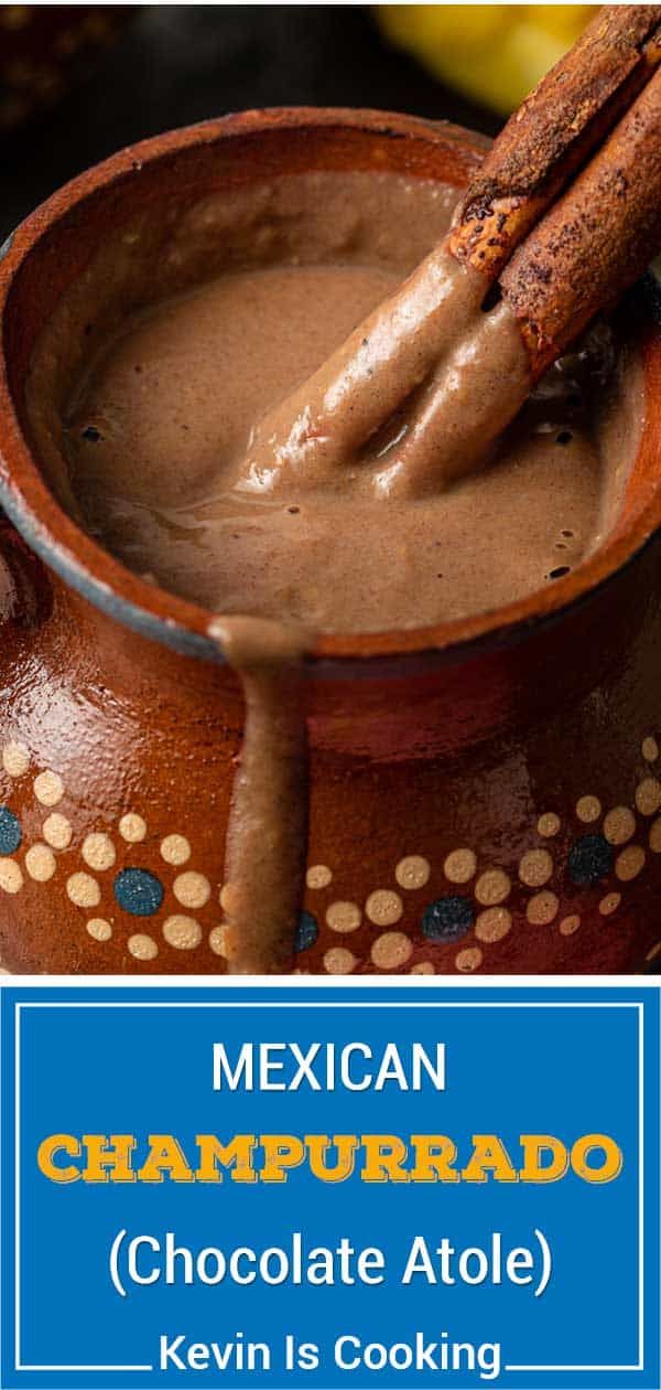 mexican chapurado chocolate atole with cinnamon sticks sticking out of the top