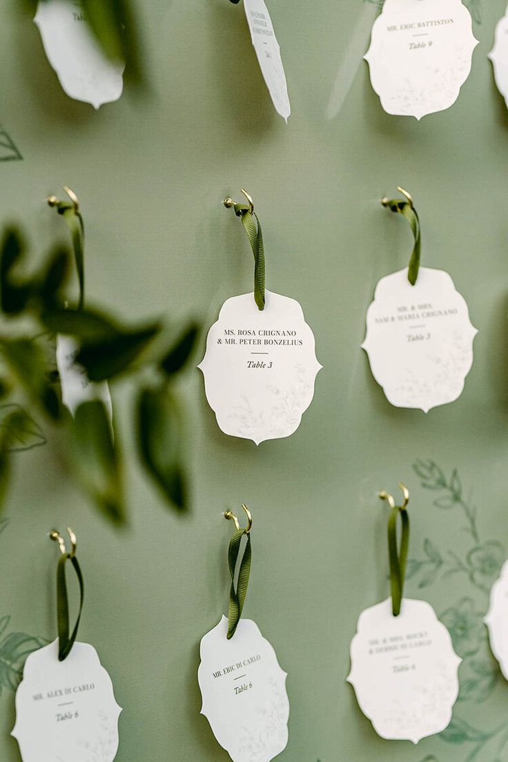 several tags are attached to the wall with green leaves on them and hanging from hooks