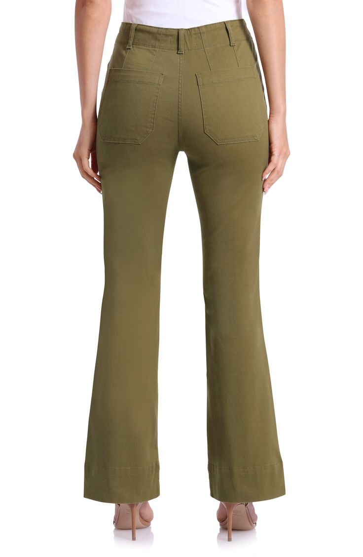 Twin patch pockets lend workwear-inspired style to kicky flared pants cut from stretch-kissed cotton for all-day comfort. 31 1/2" inseam; 21" leg opening; 14 1/2" front rise; 16" back rise Zip fly with button closure Front patch pockets; back patch pockets 97% cotton, 3% spandex Machine wash, tumble dry Imported Wide Leg Cotton Flare Jeans With Patch Pockets, Casual Cotton Straight Leg Flares, Cotton Flare Jeans With Pockets, Cotton Relaxed Fit Flare Jeans, Stretch Cotton Flares For Fall, Mid-rise Cotton Flares For Fall, Casual Stretch Flares For Workwear, Stretch Casual Flares For Workwear, Stretch Cotton Full Length Flares