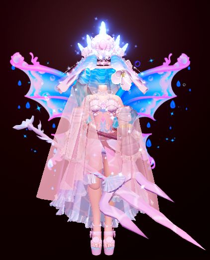 a woman dressed in pink and blue with wings on her head, standing next to a black background