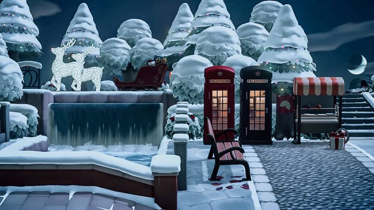 a snowy scene with an old fashioned phone booth in the foreground