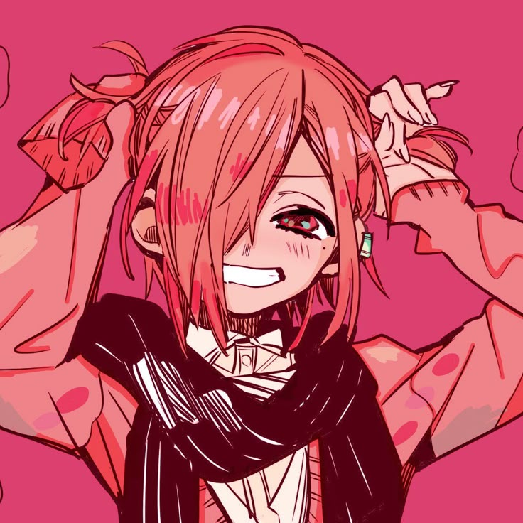 an anime character with pink hair and black clothes, holding her hands behind her head