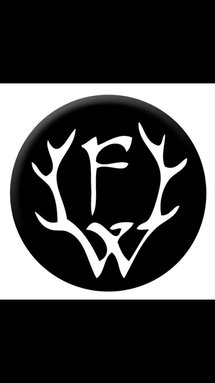 black and white logo with the letter f in it's center surrounded by antlers