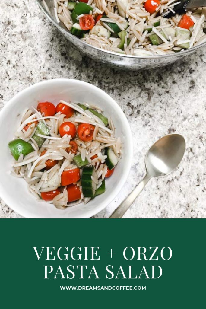 two bowls of veggie and orzo pasta salad