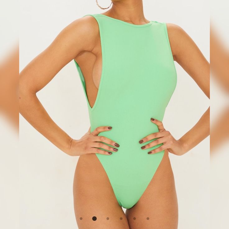 Prettylittlething Uk Size 10 Us Size 6 Spring Trendy Backless Bodysuit, Trendy Backless Spring Bodysuit, Trendy Backless Bodysuit For Spring, Spring Green Bodysuit, Green Backless Swimwear For Spring, Chic Green Backless Swimwear, Chic Green Sleeveless Bodysuit, Chic Sleeveless Green Bodysuit, Chic Green Backless Bodysuit