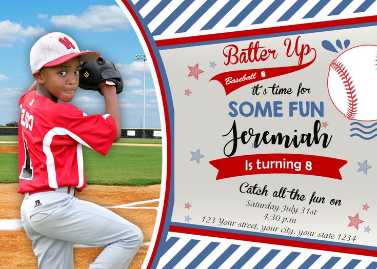 a boy in red and white baseball uniform holding a bat on a field with the words batter up