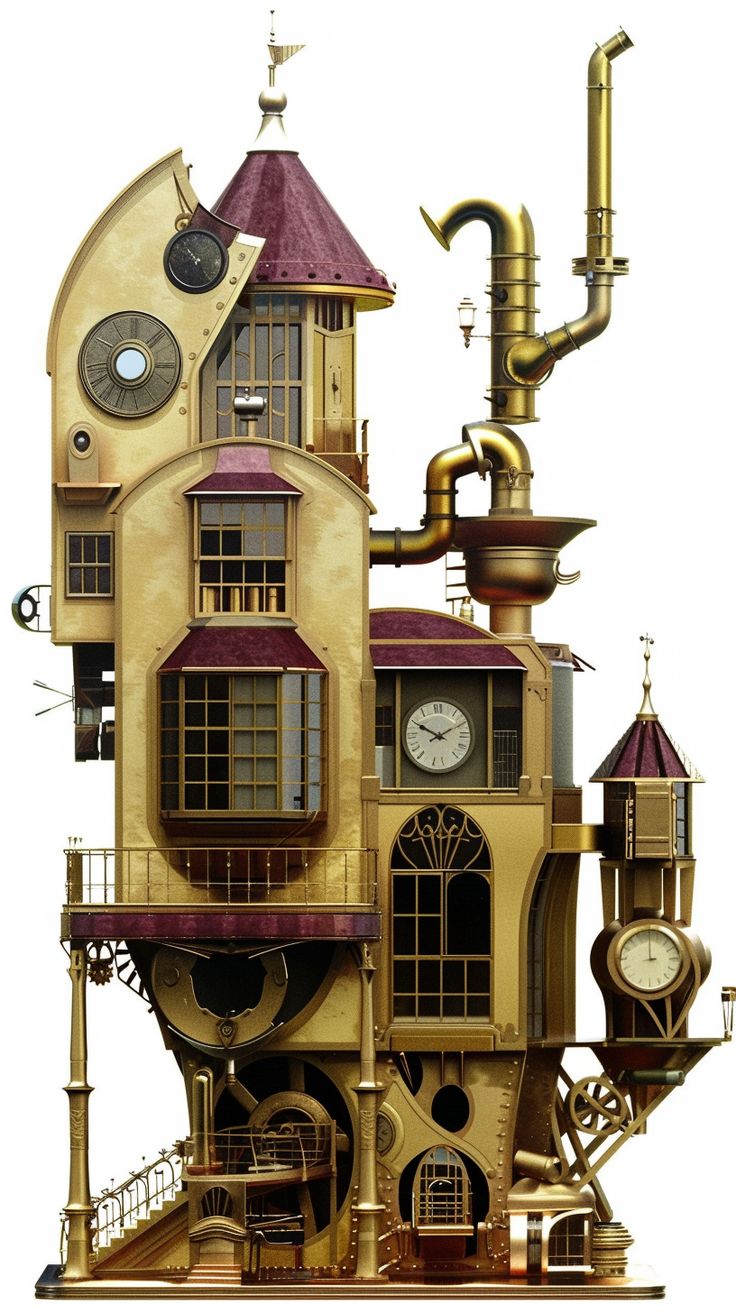 #SurrealSteampunkHouse #PopArt #GoldAndBurgundy #WhiteBackground #9:16AspectRatio #TheCandie Steampunk Architecture Concept Art, Steampunk Building Concept Art, Steampunk House Exterior, Steam Punk House, Steampunk Birdhouse, Steampunk Building, Steampunk Door, Steampunk Architecture, Airship Art