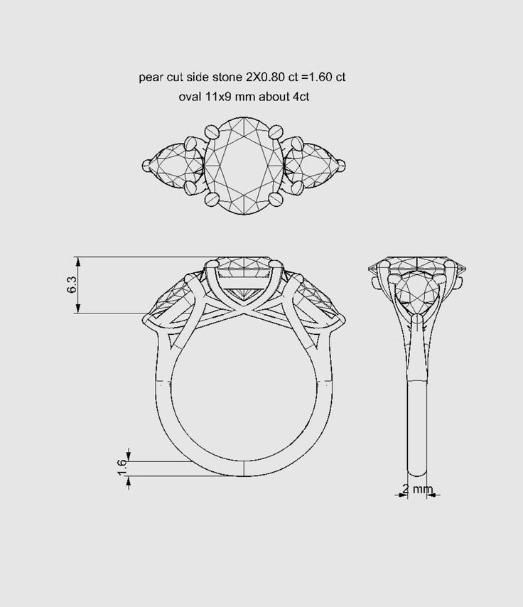 a drawing of an engagement ring, with measurements for the size and shape on it