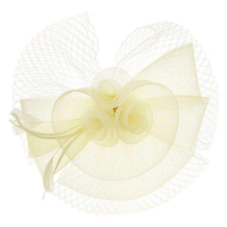 Mesh bow and triple flower accent. Netting and feather detail. Approximately 9" by 9", 3" high. Clip and headband. One size. Spring Party Hair Accessories With Satin Bow, Spring Party Hair Accessories With Decorative Bow, White Bow For Spring Party, Spring Party Fascinator With Satin Bow, Summer Satin Bow Headband, Spring Satin Bow Headband, Adjustable Spring Headpiece With Bow, Elegant Spring Hair Accessories With Decorative Bow, Summer Bow Headband