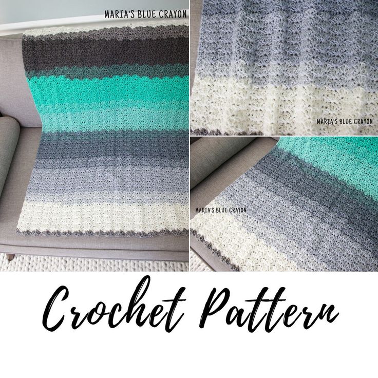 the crochet afghan pattern is shown in three different colors, including blue and grey