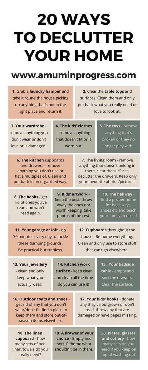 the 20 ways to declutter your home info sheet is shown in black and white