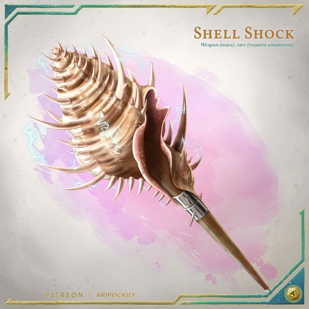 an illustration of a shell shock on a pink background with gold trimmings and the words shell shock written below it