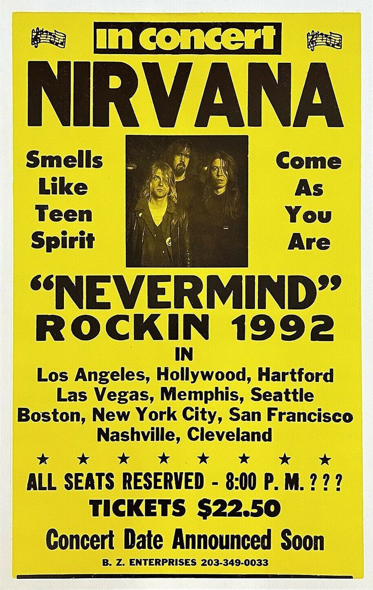 an old concert poster with the band nirvana on it's front page, in black and yellow