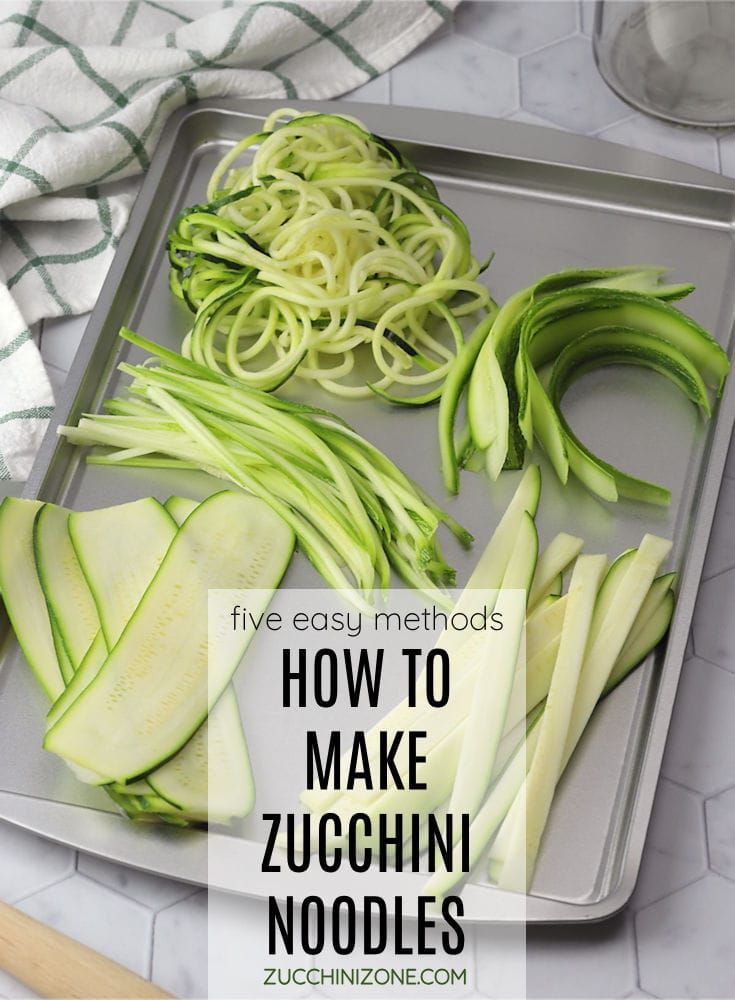 zucchini noodles on a tray with text overlay