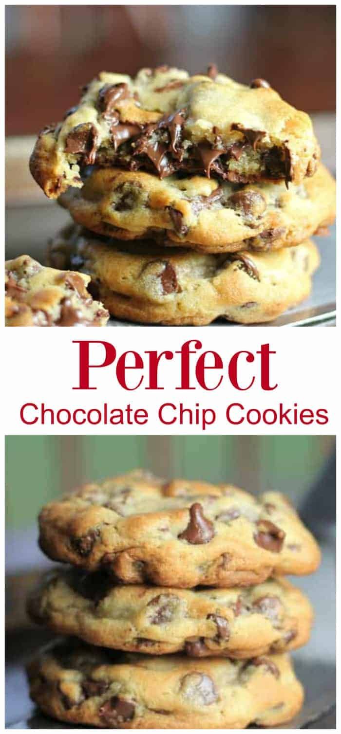 chocolate chip cookies stacked on top of each other with the words perfect written in red