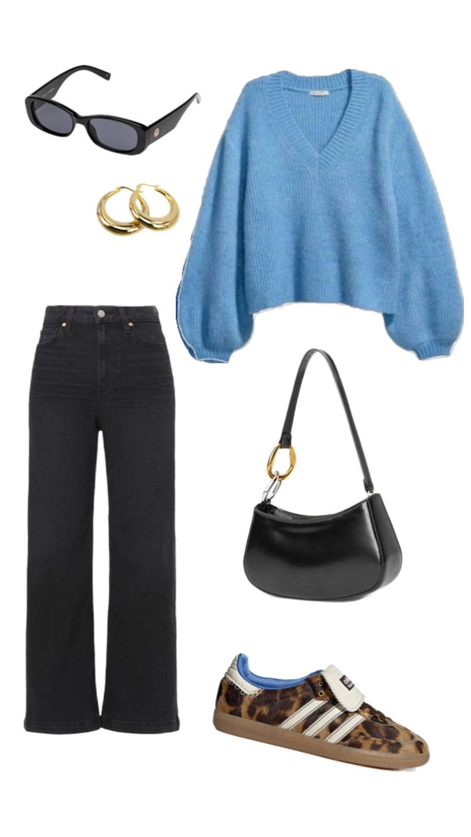 a blue sweater, black jeans and leopard print shoes are featured in this outfit set