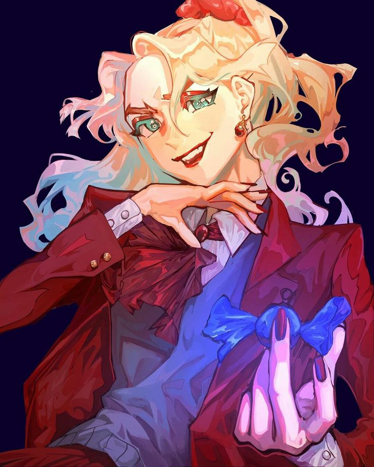 an anime character with blonde hair and blue eyes wearing a red jacket, holding a purple bow