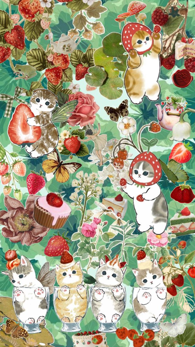 mofusand x strawberry x fairy core x desserts x plants x vintage wallpaper Green Plants Wallpaper, Cats Background, Cake Roses, Plants Wallpaper, Cat Collage, Wall Collage Decor, Roses Vintage, Pretty Landscapes, Plant Wallpaper