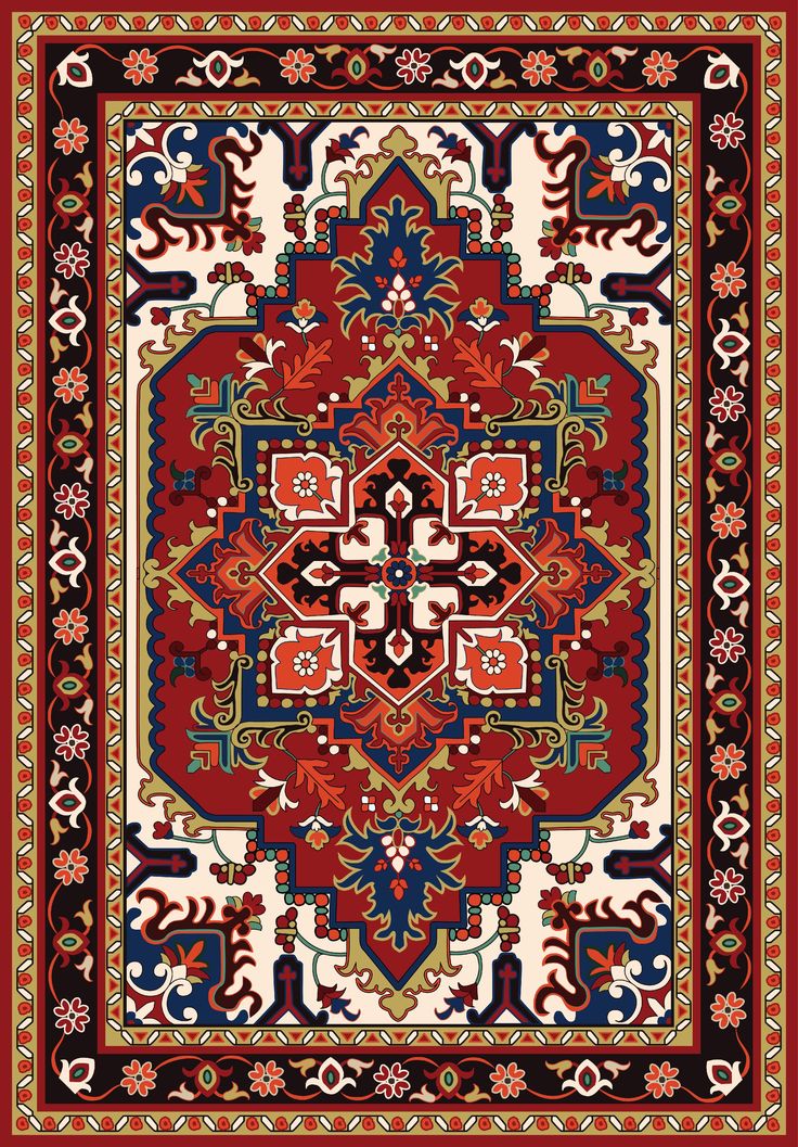 a red and blue rug with an ornate design