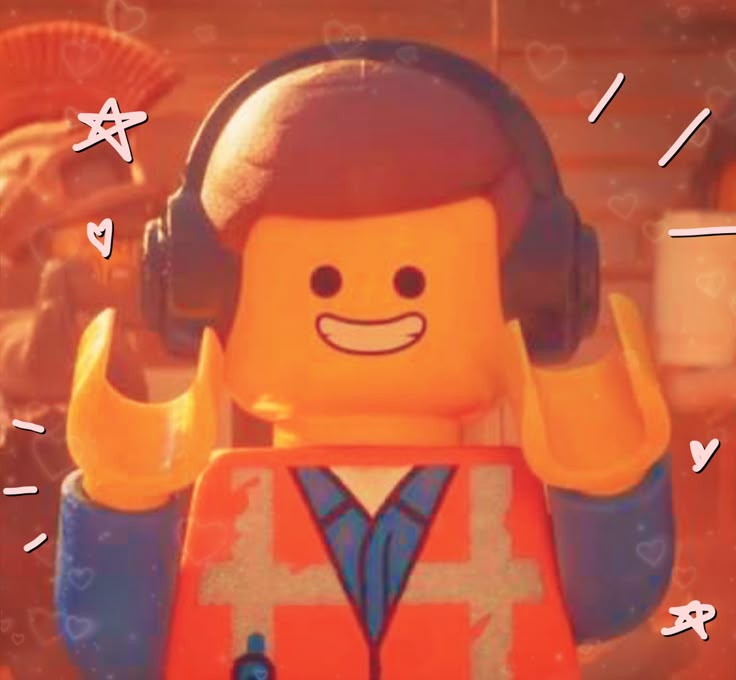 the lego movie character is wearing headphones