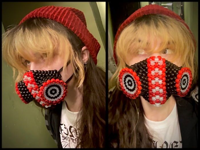 two pictures of a woman with red and black face covering her mouth, wearing a mask made out of beads