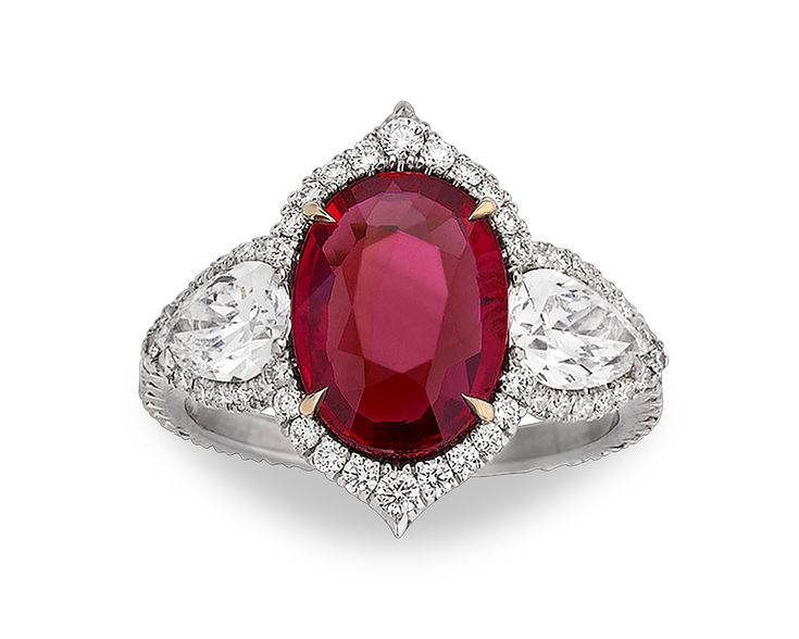 A dazzling 3.02-carat untreated ruby radiates at the center of this mesmerizing stone-led design. Two teardrop shaped diamonds are set, one on each side, of the untreated gemstone, while round diamonds encircle the perimeter and shank, adding to the brilliance of the remarkable ring. This incredible ruby is certified by C. Dunaigre of Switzerland as being Mozambique in origin and completely untreated. Set in platinum and 18k gold.Download the Certification One Diamond Ring, Diamond Ring Women, 1st Dibs, Ruby And Diamond Ring, Antique Engagement Ring, Ruby Jewelry, Diamond Gold, Platinum Ring, Ruby Diamond