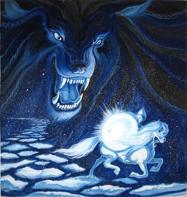 a painting of a wolf chasing a white horse in the night with its mouth open