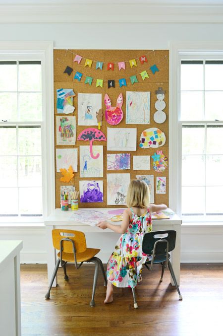 What a great way to display kiddo's art work! Easy DIY project from Young House Love Diy Cork Board Wall, Diy Kids Art Display, Cork Board Wall, Displaying Kids Artwork, Art Display Kids, Young House, Young House Love, Art Desk, Kids Artwork