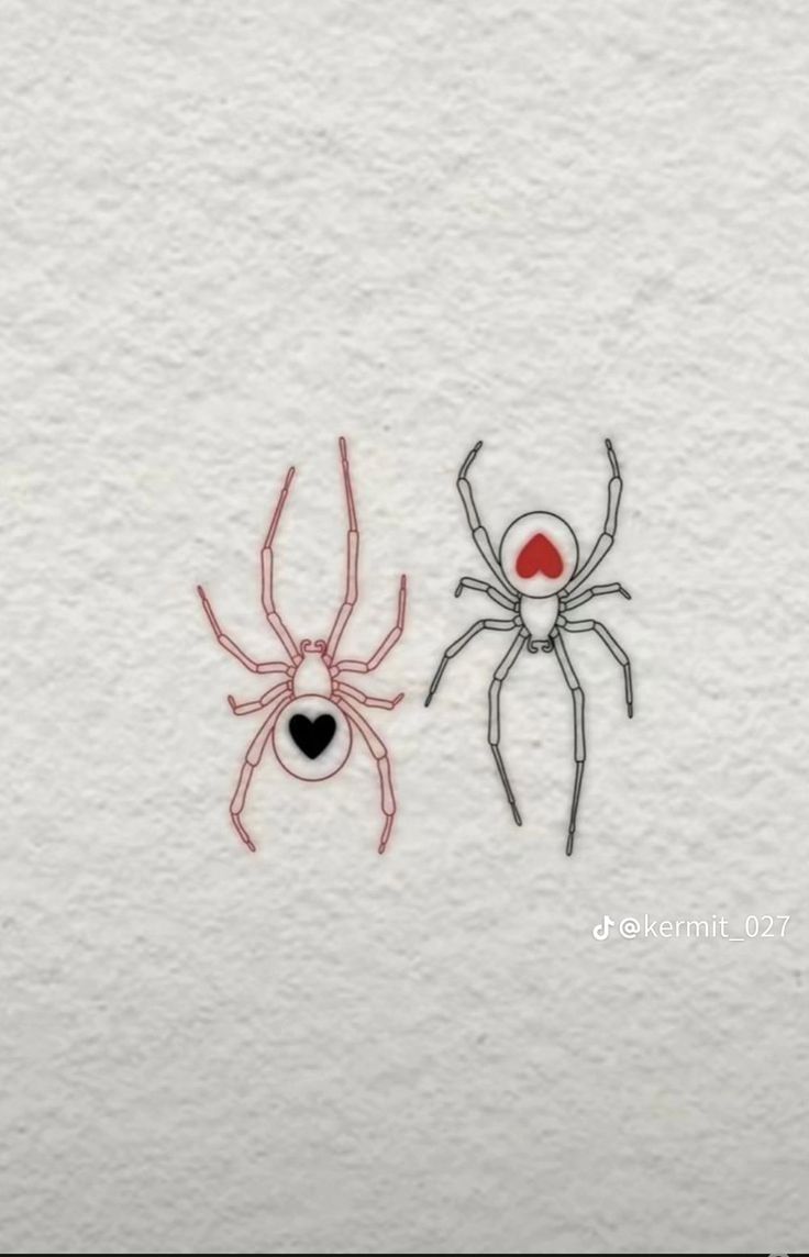 two spiders with red eyes and black legs on a white wall, one is facing the other