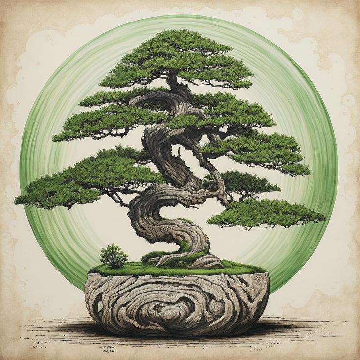 a bonsai tree in a glass bowl with green swirls around the top and bottom