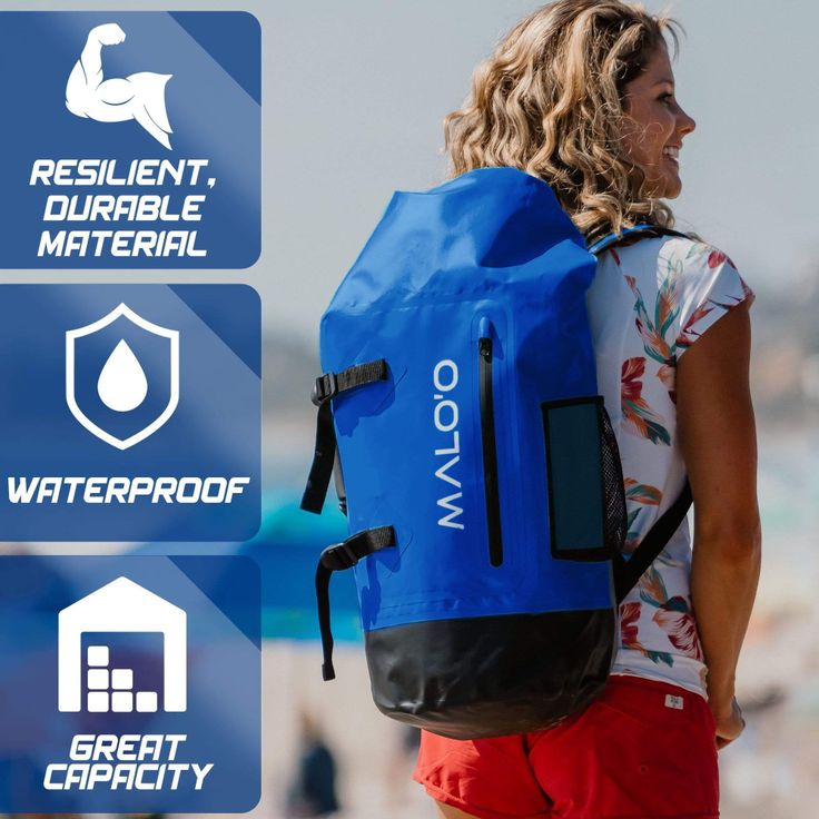 a woman carrying a blue waterproof backpack on her back and the words, resilint, double material, waterproof