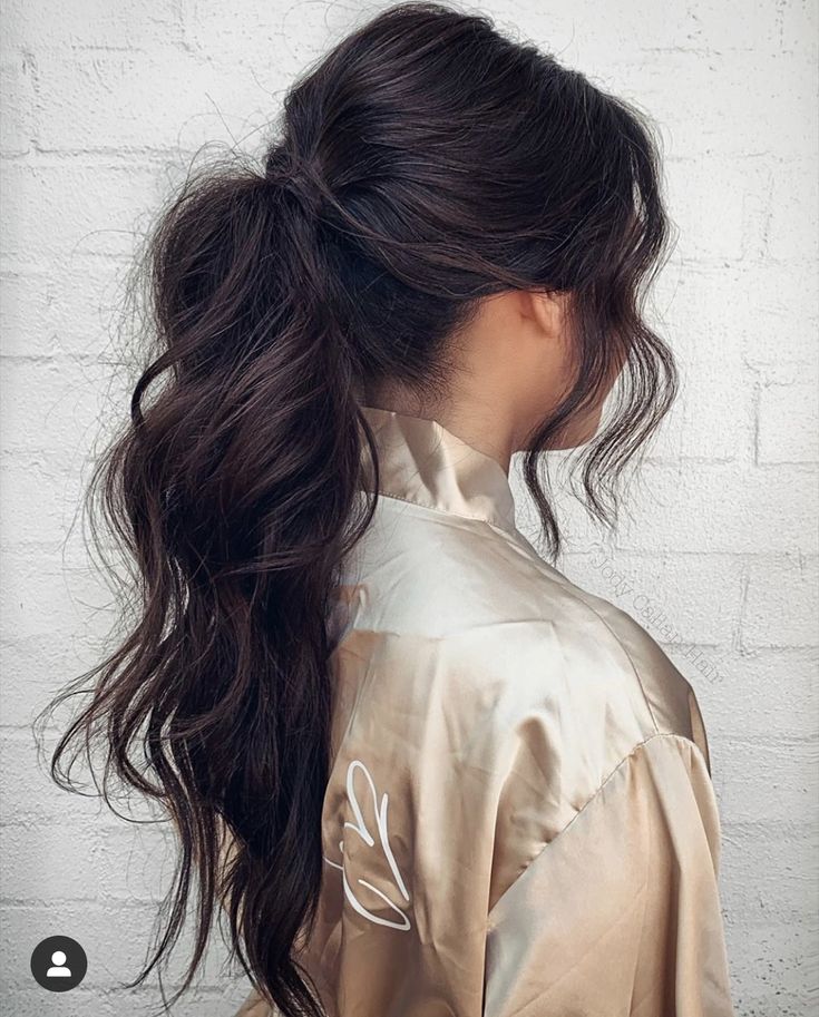 Wedding Ponytail Hairstyles Dark Hair, Ponytail Updo Front View, Messy Ponytail Brunette, Low Textured Ponytail, Wedding Ponytail Hairstyles Brunette, Brunette Bridal Ponytail, Low Pony Formal Hair, Textured Bridal Ponytail, Low Pony Updo Wedding