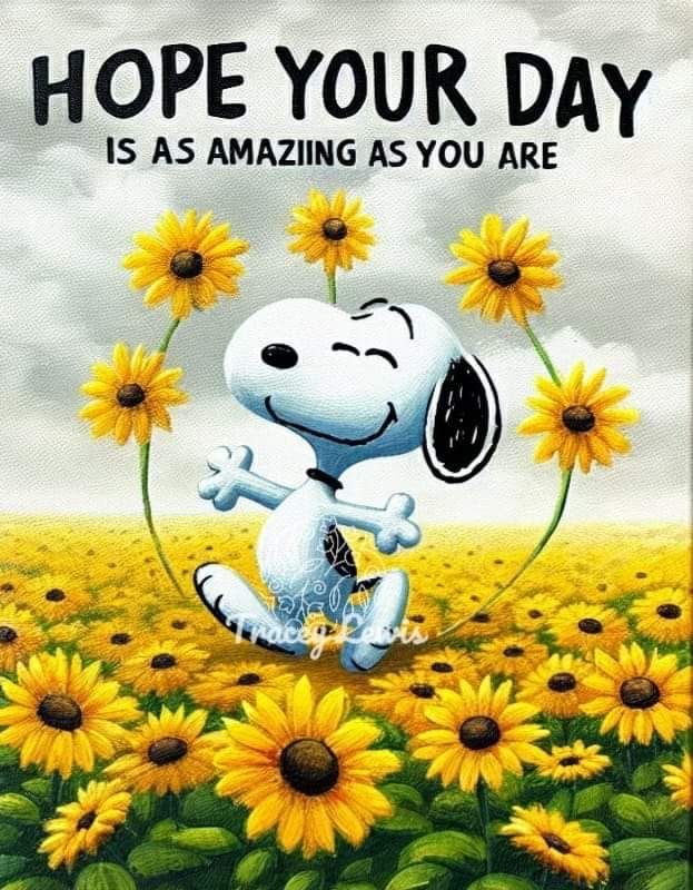 snoopy with sunflowers and the words, hope your day is as amazing as you