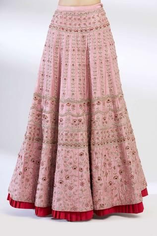 Pink high-waist lehenga with zardozi embroidered motifs. Comes with blouse and sheer dupatta.
Component: 3
Embroidery
Neckine: V neck
Sleeve Length: Sleeveless
Fabric: Raw silk, Organza
Color: Pink
Pleated detail on lehenga hem
Zardozi embroidered floral motifs on blouse
Deep back with tassel tie-up detail on blouse
Zardiozi embroidered floral motifs on dupatta with scallop border - Aza Fashions Designer Traditional Drape Skirt With Resham Embroidery, Wedding Embellished Georgette Skirt, Reception Skirt With Resham Embroidery In Traditional Drape, Festive Anarkali Embellished Skirt, Festive Resham Embroidery Skirt For Wedding, Anarkali Set With Resham Embroidery For Reception, Anarkali Skirt With Resham Embroidery For Navratri, Reception Skirt With Resham Embroidery And Traditional Drape, Traditional Skirt With Resham Embroidery For Reception