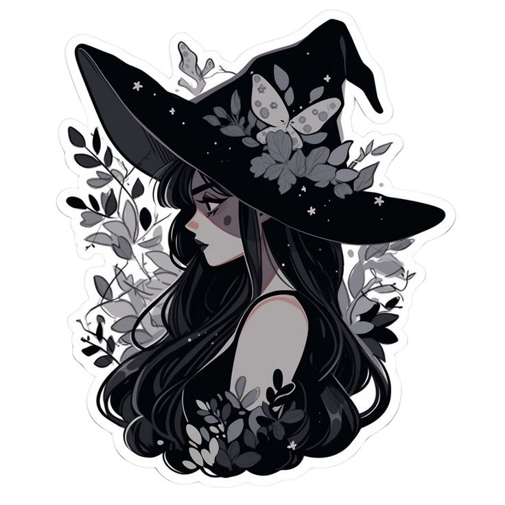 a girl with long hair wearing a witches hat and flowers on her head, surrounded by butterflies