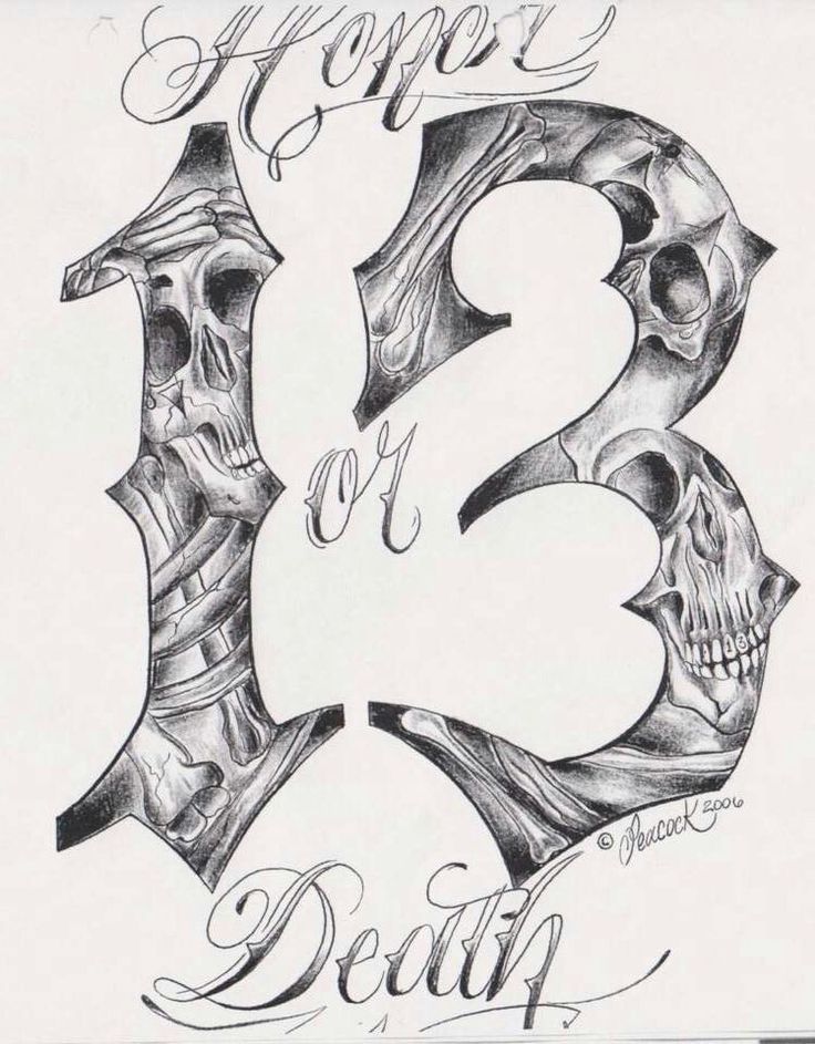 a drawing of the number three with skulls and bones on it's face, in black ink