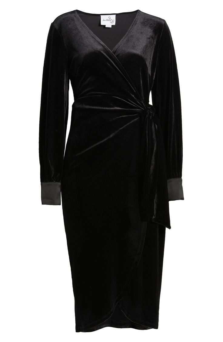 Light ruching at the waist creates stunning dimension on a luxe stretch-velvet wrap dress that's perfect for your next evening out. True wrap style with side tie closure Surplice V-neck Long sleeves Lined 96% polyester, 4% spandex Dry clean Imported Elegant Draped Velvet Dress, Formal Ruched Velvet Dress, Elegant Ruched Velvet Dress For Formal Occasions, Elegant Draped Velvet Evening Dress, Elegant Ruched Velvet Dress, Elegant Ruched Wrap Dress For Evening, Elegant Ruched Velvet Dress For Cocktail, Velvet Wrap Dress, Stretch Velvet