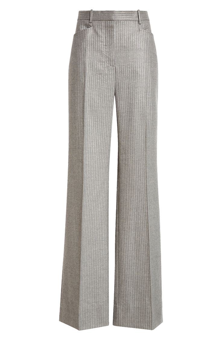 Wardrobe-essential trousers are reinterpreted in Tom Ford's glamorous vision in these tailored wool-blend pants streaked with vertical stripes lightly shimmering with metallic fibers. Zip fly with hook-and-bar closure Front slant pockets Lined 91% virgin wool, 9% metallic fibers Dry clean Made in Italy Designer Clothing Elegant Wool Wide Leg Pants, Elegant Wide Leg Wool Pants, Luxury Wool Wide Leg Dress Pants, Elegant Wool Wide Leg Pants With Pressed Crease, Tailored Wool Wide Leg Pants For Office, Chic Wool Wide Leg Pants With Welt Pockets, Elegant Wool Wide Leg Business Casual Pants, Elegant Wool Wide-leg Pants, Elegant Wool Wide Leg Pants For Business Casual