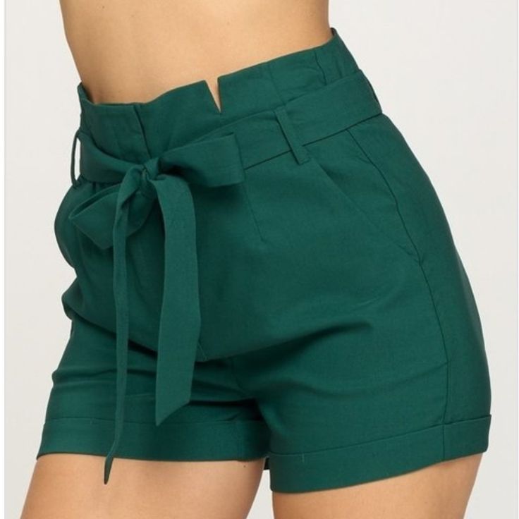 Vibrant Color, Stretch, High Waist Green High-waisted Shorts For Day Out, Green Tie Waist Bottoms For Spring, High Waist Green Shorts For Summer, High Waist Green Summer Shorts, Green High-waisted Summer Shorts, Summer Green High-waist Shorts, Trendy Green Shorts With Elastic Waistband, Trendy Green Bottoms With Tie Waist, Fitted Green Bottoms With Tie Waist